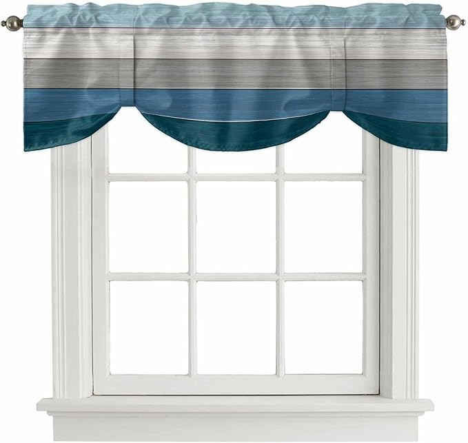 Blue Ombre Wooden Tie Up Valance Curtains for Windows, Kitchen Curtains Window Shades, Farmhouse Retro Wood Gradient Light Filtering Roman Curtain Valances for Bedroom/Bathroom/Cafe 54"x18"