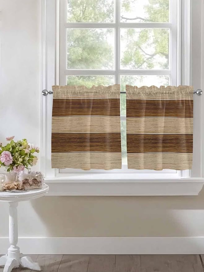 Retro Country Brown Wooden Board Window Valance Curtains, Farmhouse Gradient Plank Light Filtering Kitchen Valance with 3-inch Rod Pocket for Living Room Bathroom Bedroom,2 Panel,27.5x36In
