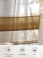 Sheer Curtains 54 Inch Length, Brown Wood Grain Semi Sheer Curtains Light Filtering Window Treatment, Vintage Country Geometric Striped Privacy Voile Drapes for Living Room Bedroom 52x54 Inch