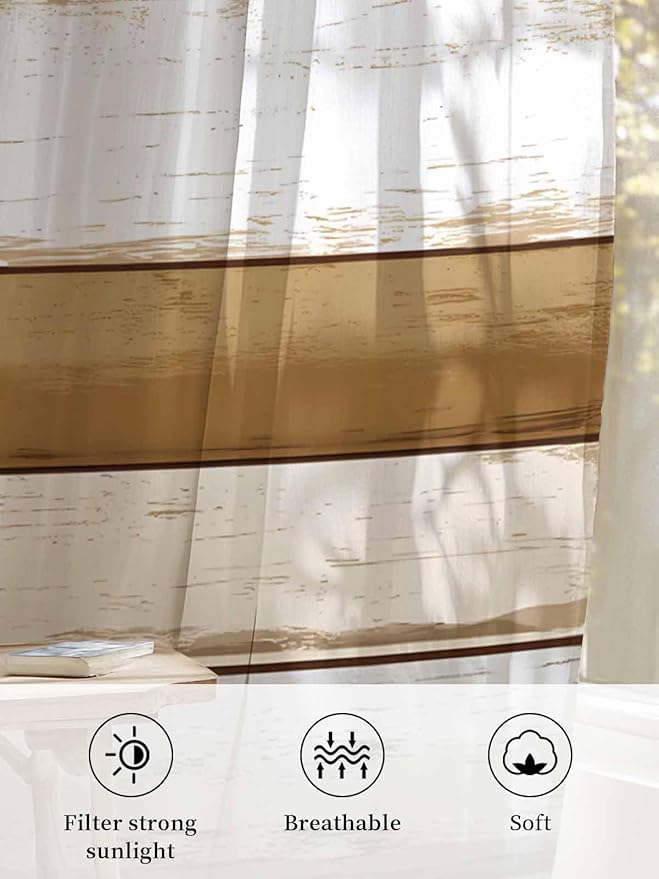 Sheer Curtains 54 Inch Length, Brown Wood Grain Semi Sheer Curtains Light Filtering Window Treatment, Vintage Country Geometric Striped Privacy Voile Drapes for Living Room Bedroom 52x54 Inch