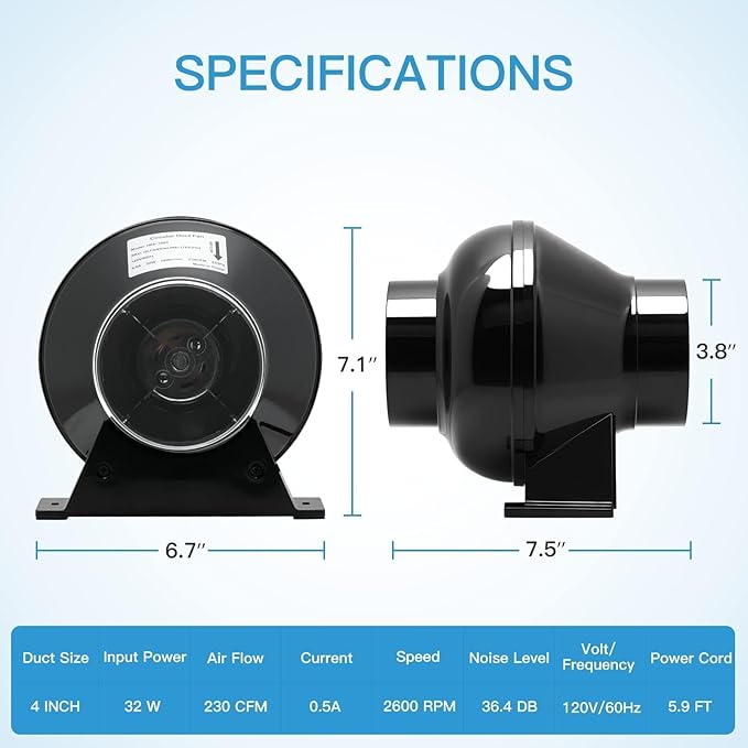 iPower 4 Inch 195 CFM Inline Fan Vent Blower, Speed Controller, Air Carbon Filter, 8 Feet 4-Layer Ducting, Temperature Humidity Monitor and Rope Hanger for Grow Tent Ventilation