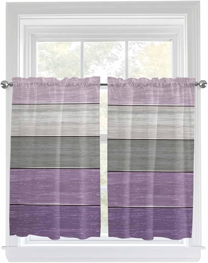 Country Wood Board Gray Purple Window Valance Curtains, Farmhouse Gradient Plank Light Filtering Kitchen Valance with 3-inch Rod Pocket for Living Room Bathroom Bedroom,2 Panel,52x45In