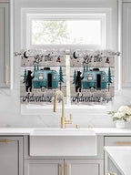 Farmhouse Bear Camper Van Tree Window Valance Curtains, Vintage Wood Grain Light Filtering Kitchen Valance with 3-inch Rod Pocket for Living Room Bathroom Bedroom,2 Panel,27.5x24In