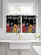Spring Flowers Half Window Curtain 36 Inches Long, Watercolor Country Colorful Floral Black Window Treatment Curtain Drapes, Small Tier Curtains for Bathroom Over Sink, 27.5"x36", 2 Panels
