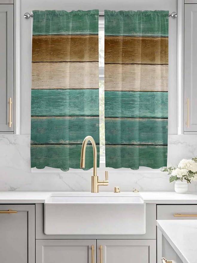 Vintage Plank Turquoise Brown Window Valance Curtains, Farmhouse Wood Grain Light Filtering Kitchen Valance with 3-inch Rod Pocket for Living Room Bathroom Bedroom,2 Panel,42x63In