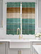 Vintage Plank Turquoise Brown Window Valance Curtains, Farmhouse Wood Grain Light Filtering Kitchen Valance with 3-inch Rod Pocket for Living Room Bathroom Bedroom,2 Panel,42x63In