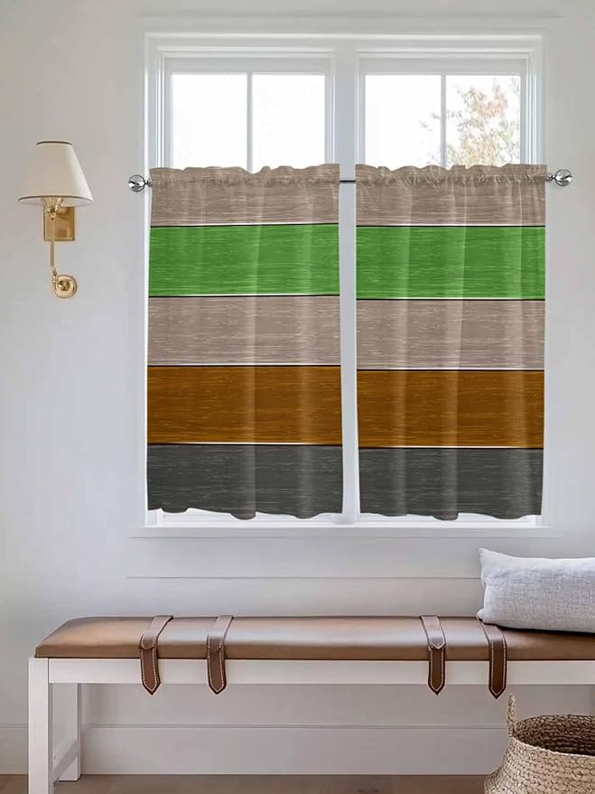 Farm Gray Green Brown Wood Grain Window Valance Curtains, Rustic Wooden Plank Light Filtering Kitchen Valance with 3-inch Rod Pocket for Living Room Bathroom Bedroom,2 Panel,52x45In