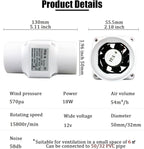2” 18W Duct Ventilation Fan 50mm with 32mm PVC Pipe Interface 32 CFM Inline Exhaust Booster 12V Air Circulation Vent Blower for Greenhouse
