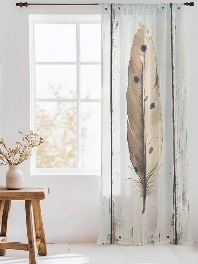 Sheer Curtains 108 Inches Long, Farmhouse Feather Semi Sheer Curtains Light Filtering Window Treatment, Watercolor Vintage Wooden Grain Privacy Voile Drapes for Living Room Bedroom 52x108 Inch