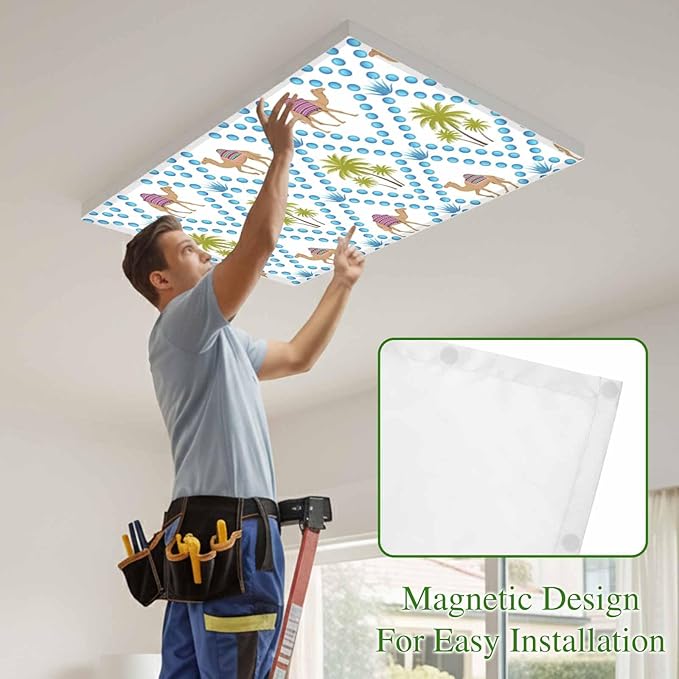 4 Pack Fluorescent Light Cover, Camels Palm Trees Light Covers for Ceiling Lights, Tropical Desert Animal Plants Polka Dot Magnetic Lights Filters Ceiling Shade for Classroom/Office - 4 x 2 Feet