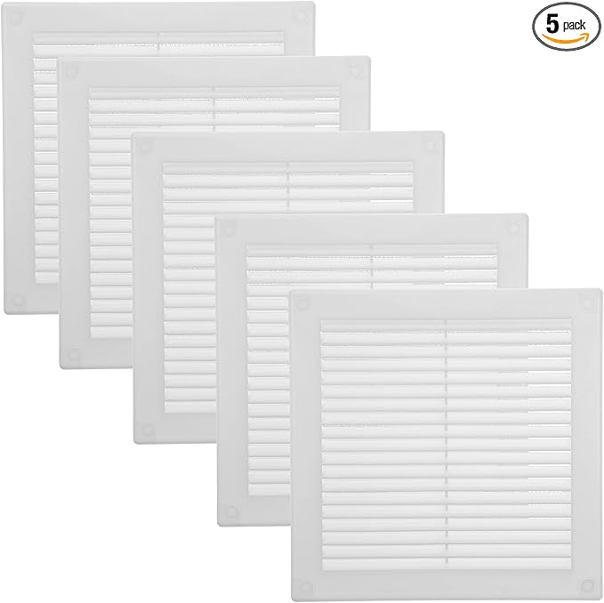 Vent Systems 4.5" x 4.5" Inch (Opening Dimensions) - Pack of 5 - Plastic White Soffit Vent Cover - Flat Square Air Vent Grille - Air Vent Deflector - HVAC 6" x 6" Inch (Overall Dimensions)