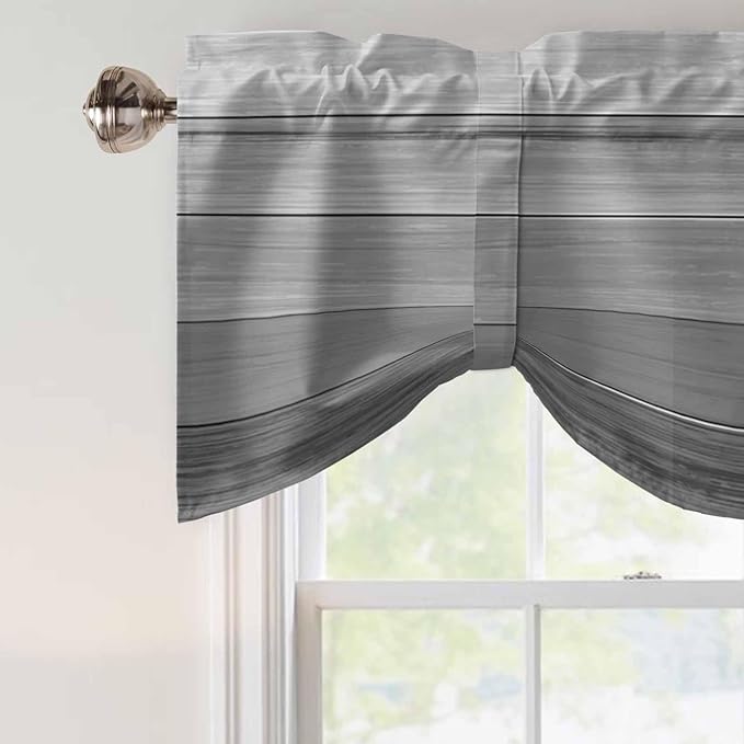 Grey Ombre Wooden Tie Up Valance Curtains for Windows, Kitchen Curtains Window Shades, Farmhouse Retro Gray Wood Gradient Light Filtering Roman Curtain Valances for Bedroom/Bathroom/Cafe 54"x18"