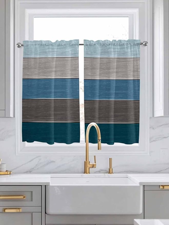 Retro Farm Blue Gray Wood Grain Window Valance Curtains, Rustic Wooden Plank Light Filtering Kitchen Valance with 3-inch Rod Pocket for Living Room Bathroom Bedroom,2 Panel,42x54In