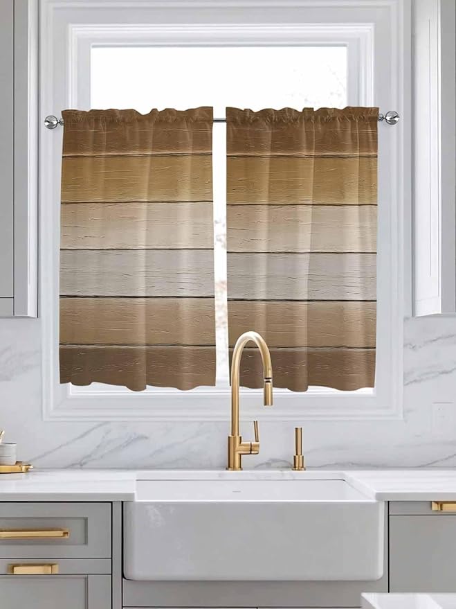 Vintage Brown Gradient Wood Grain Window Valance Curtains, Farmhouse Wood Barn Light Filtering Kitchen Valance with 3-inch Rod Pocket for Living Room Bathroom Bedroom,2 Panel,27.5x45In