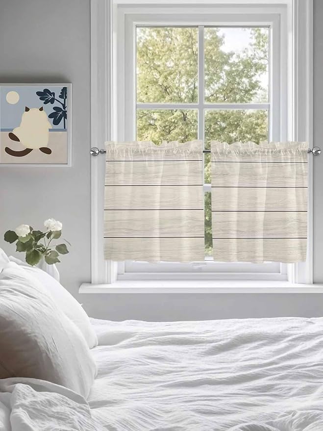 Vintage Country Wooden Board Window Valance Curtains, Gradient Wood Grain Line Light Filtering Kitchen Valance with 3-inch Rod Pocket for Living Room Bathroom Bedroom,2 Panel,27.5x36In