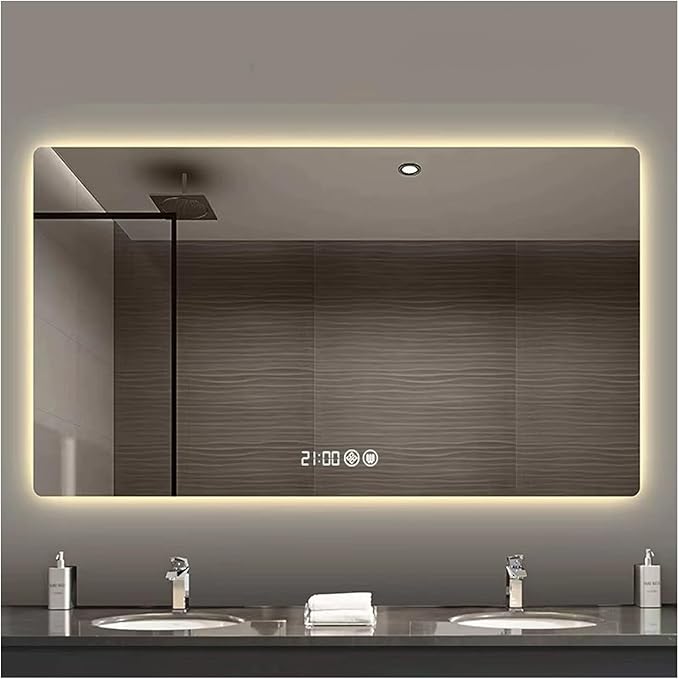 Bathroom Mirror with LED Lights，LED Bathroom Mirror，Smart Lighted Bathroom Mirror for Wall，Energy-Saving LED Smart Mirrors，with Demister Pad，Three-Color Light(H50*W70cm/H19.7*W27.6IN)