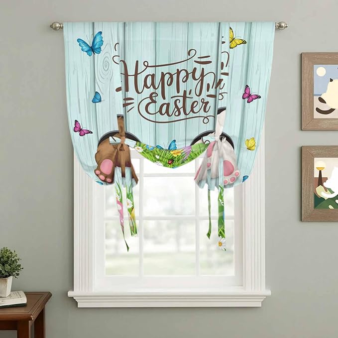 Tie Up Curtains,Happy Easter Bunny Butt Egg Floral Adjustable Rod Pocket Window Shade Curtain Drape Spring Plant on Aqua Wood Tie-Up Valance for Kitchen Bedroom Living Room Windows,52"x45"