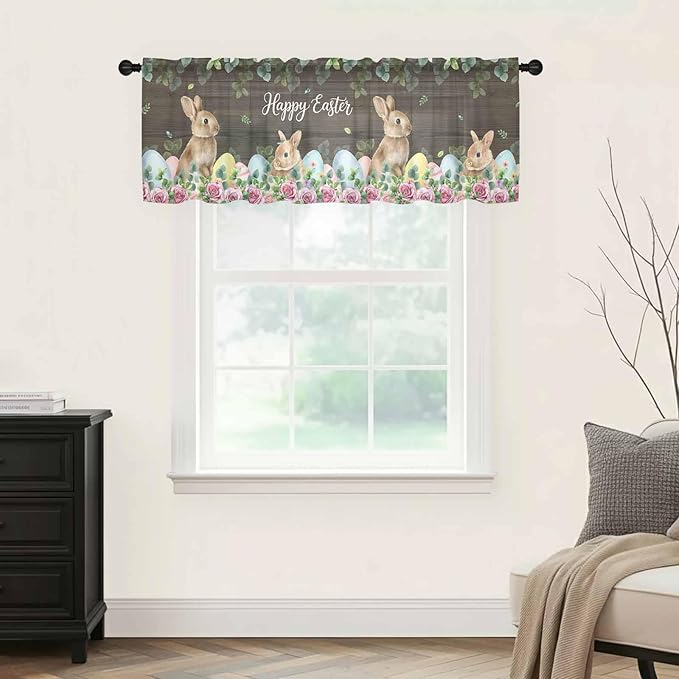 Easter Sheer Valances for Windows 42"x18", Light Filtering Kitchen Curtains Valance, Spring Watercolor Bunny Eggs Flower Leaf Wood Grain Rod Pocket Chiffon Curtains for Living Room Bedroom Cafe