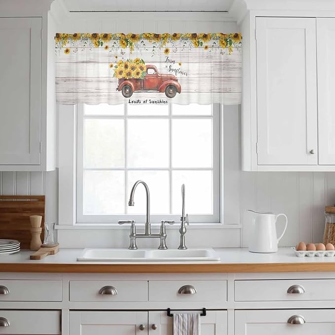 Farmhouses Sunflowers Sheer Valance Curtains, Retro Floral Leaves Red Truck Wood Grain Light Filtering Kitchen Valances Rod Pocket Voile Curtain Treatment for Bedroom/Living Room/Basement 54Wx18L