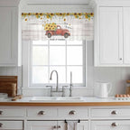Farmhouses Sunflowers Sheer Valance Curtains, Retro Floral Leaves Red Truck Wood Grain Light Filtering Kitchen Valances Rod Pocket Voile Curtain Treatment for Bedroom/Living Room/Basement 42Wx12L