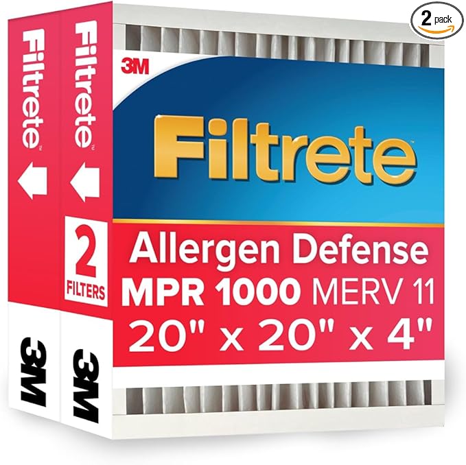 Filtrete 20x20x4 AC Furnace Air Filter, MPR 1000, MERV 11, Fits Honeywell, Allergen Defense, Electrostatic Air Cleaning Filter, 2-Pack (actual size 19.88 x 19.88 x 4.31)