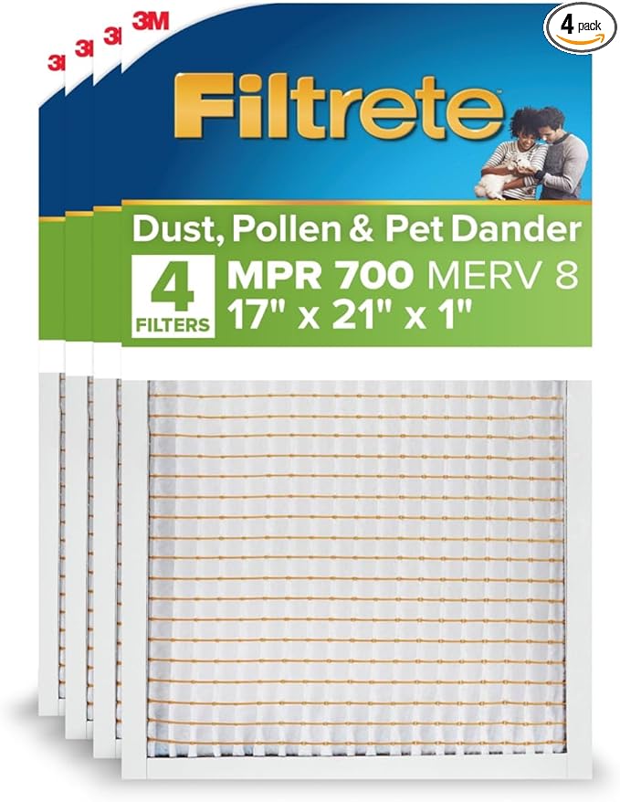 Filtrete 17x21x1 AC Furnace Air Filter, MERV 8, MPR 700, Tough on Pollen, Easy on Airflow, 3-Month Pleated 1-Inch Electrostatic Air Cleaning Filter, 4-Pack (Actual Size 16.69 x 20.69 x 0.81 in)