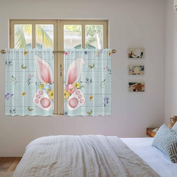 Easter Kitchen Curtains 45 Inch Long 2 Panel Set, Rod Pocket Window Treatment, Spring Rabbits Ears Feet Flowers Wooden Grain Light Filtering Panels Short Drapes for Bathroom Camper 42"W x 45"L