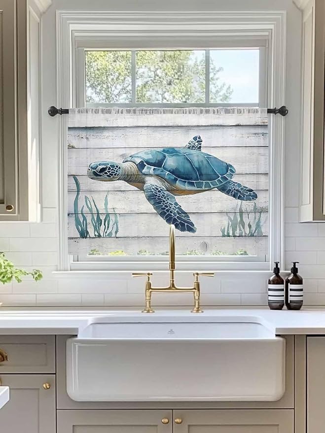 Sheer Curtains 45 Inch Length, Sea Turtle Blue Semi Sheer Curtains Light Filtering Window Treatment, Coastal Ocean Seaweed Wood Grain Privacy Voile Drapes for Living Room Bedroom 52x45 Inch