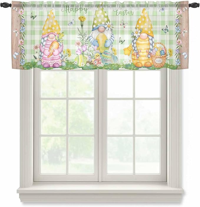 Easter Sheer Valances for Windows 54"x18", Light Filtering Kitchen Curtains Valance, Gnomes Flowers Duck Eggs Green Lattice Wooden Rod Pocket Chiffon Curtains for Living Room Bedroom Cafe