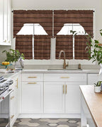 Brown Wooden Board Swag Kitchen Curtains Valance and Tier Set, Vintage Wood Grain Farmhouse Barn Themes Light-Filtering Swag Valance 24 Inch Length, Rod Pocket Short Curtain for Bedroom Cafe