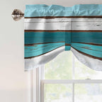 Turquoise Teal Tie Up Valance Curtains for Windows, Kitchen Curtains Window Shades, Farmhouse Retro Ombre Wooden Grain Light Filtering Roman Curtain Valances for Bedroom/Bathroom/Cafe 42"x18"
