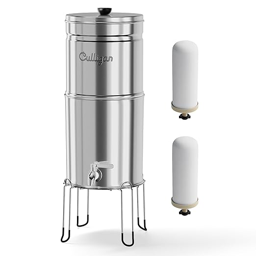 Culligan MaxClear 3 Gallon Gravity Water Filter System, Polished Stainless-Steel Countertop Water Filter NSF/ANSI Certified to Reduce Microplastics, Lead & Total PFAS, with 2 Ceramic Filters