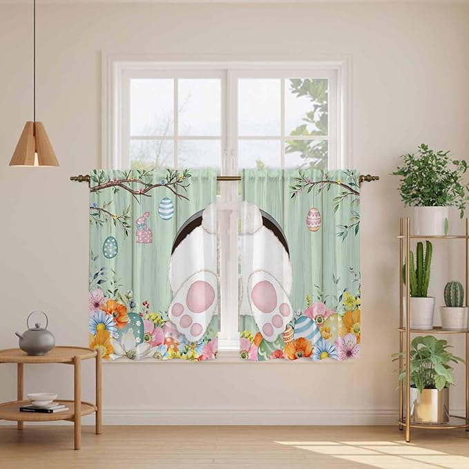 Easter Kitchen Curtains 45 Inch Long 2 Panel Set, Rod Pocket Window Treatment, Spring Watercolor Bunny Eggs Wooden Grain Green Light Filtering Short Curtains & Drapes for Bathroom Laundry 52"W x 45"L