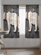 Sheer Curtains 63 Inch Length, Vintage White Brown Bear Semi Sheer Curtains Light Filtering Window Treatment, Retro Country Rustic Wood Grain Privacy Voile Drapes for Living Room Bedroom 52x63 Inch