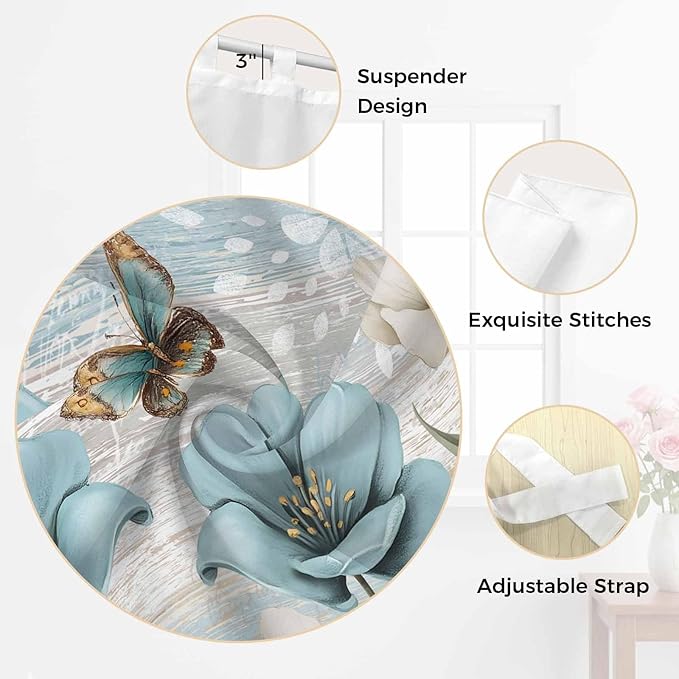 Spring Floral Kitchen Curtains 36 Inch Length, Small Window Curtains Tab Top, Vintage Tulips Flower Butterfly Retro Wood Blue Light Filtering Short Window Treatments Tier Drapes 27.5"x36" 2 Panel
