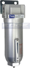 HEAVY DUTY INDUSTRIAL RATED HIGH FLOW PARTICULATE FILTER, IN-LINE WATER TRAP FOR COMPRESSED AIR LINE SYSTEMS, 5 MICRON WITH METAL BOWL (3/4" NPT, 11oz)