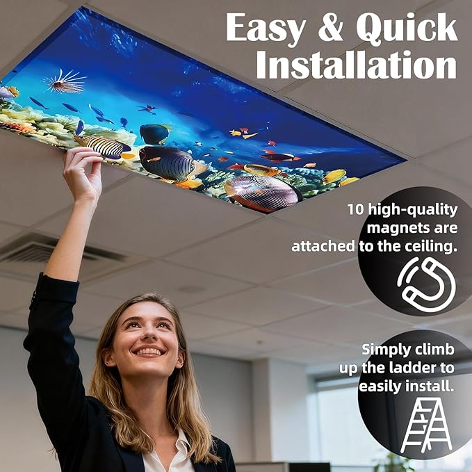 4 Pcs Fluorescent Light Covers - Classroom, Office 4 x 2 Feet Flame Retardant Magnetic Covers for Ceiling Lights Filters (Underwater World)