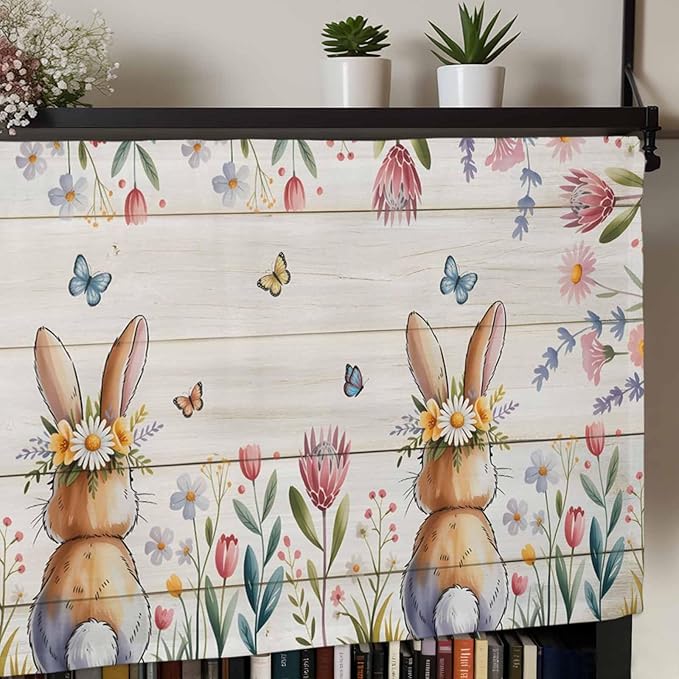 Easter Curtain Valances for Windows, Kitchen Valance Window Treatment, Spring Bunny Butterfly Botanical Wooden Grain Light Filtering Block Curtains for Bathroom/Bedroom/Living Room 42'' x 18''