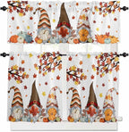Fall Kitchen Curtain Set, Orange Yellow Thanksgiving Maple Leaf Gnomes Pumpkin Window Valance and Tiers 24" Length, Light Filtering Short Curtains Valance for Cafe Bathroom Bedroom 54"x18"