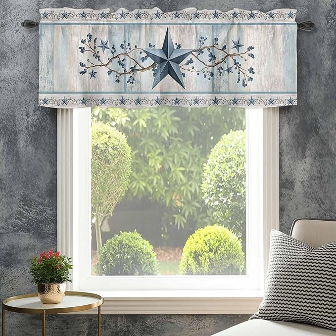 Texas Star Blue Curtain Valances for Windows, Kitchen Valance Window Treatment, Farmhouse Country Branches Wooden Grain Light Filtering Block Curtains for Bathroom/Bedroom/Living Room 60'' x 18''