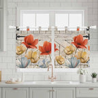 Retro Floral Kitchen Curtains 24 Inch Length, Small Window Curtains Tab Top, Red Yellow Tulips Barm Doors Farmhouse Wooden Light Filtering Short Window Treatments Tier Drapes 27.5"x24" 2 Panel
