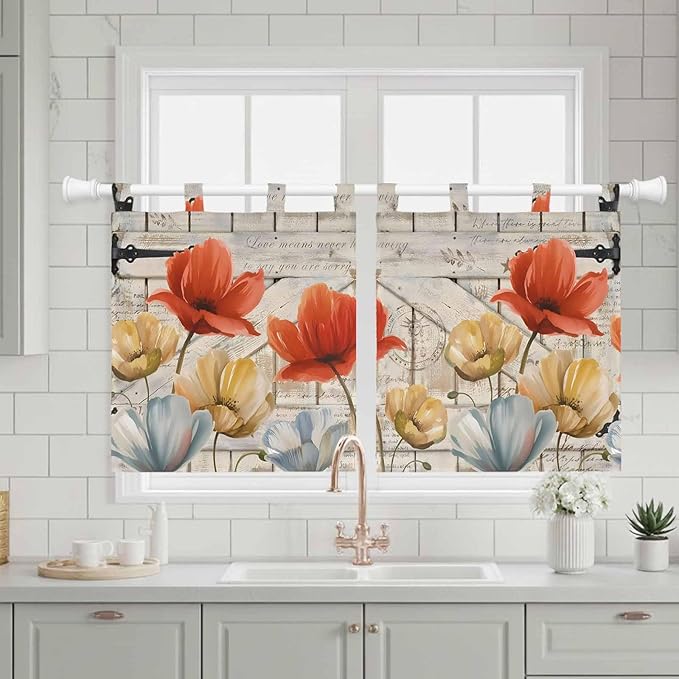 Retro Floral Kitchen Curtains 24 Inch Length, Small Window Curtains Tab Top, Red Yellow Tulips Barm Doors Farmhouse Wooden Light Filtering Short Window Treatments Tier Drapes 27.5"x24" 2 Panel
