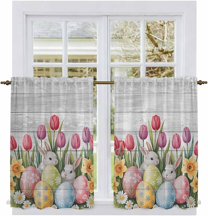 Easter Kitchen Curtains 54 Inch Long 2 Panel Set, Rod Pocket Window Curtains Panels, Retro Spring Bunny Eggs Tulip Farm Wooden Grain Light Filtering Drapery Draperies for Bathroom Bedroom 52"W x 54"L