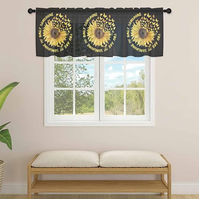 YOU ARE MY SUNSHINE Sheer Valance Curtains, Summer Sunflowers Golden Gradient Butterflies Light Filtering Kitchen Valances Rod Pocket Voile Curtain Treatment for Bedroom/Living Room/Basement 42Wx18L