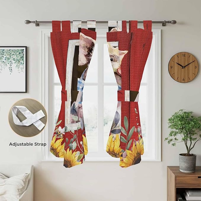 Pig Sunflowers Bathroom Curtains 63 Inch Length, Window Curtains Tab Top, Eucalyptus Leaves Floral Bees Red Barn Light Filtering Window Treatments Drapes 52"x63" 2 Panel