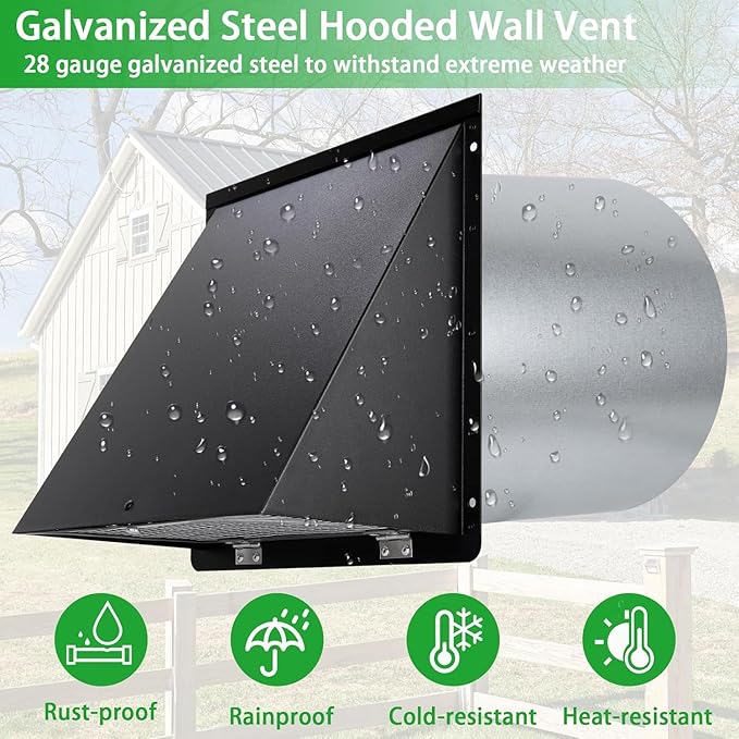7 Inch Hooded Wall Vent with Mesh and Damper, 7'' Exhaust Vent Cover Cap for Kitchen Range Hood/Dryer/Laundry/Bathroom Exhaust Fan,Outside Wall Vent Hood Exterior Duct Vent Cap-Galvanized Steel,Black