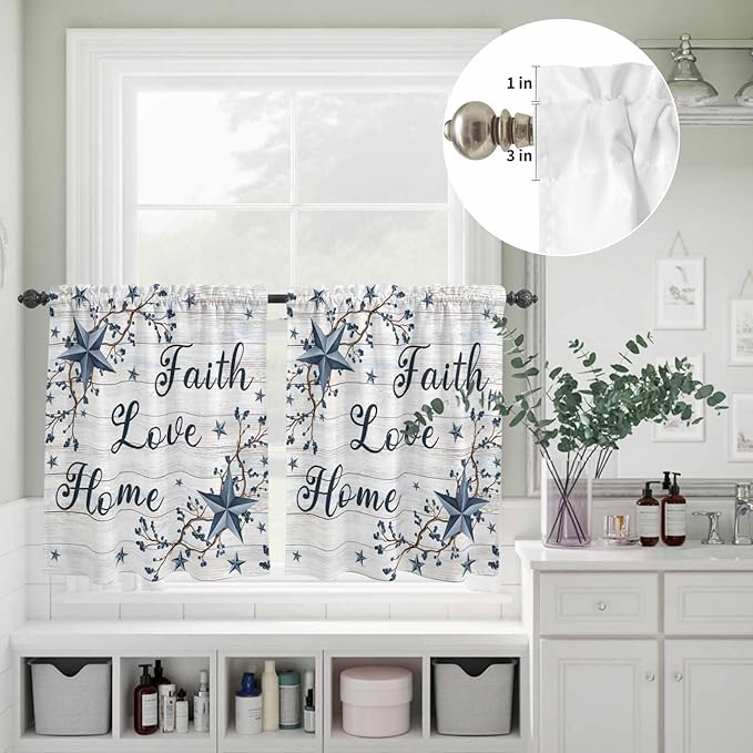 Farmhouse Kitchen Curtains Set 3 Piece for Windows,Rod Pocket Valance and Tier Set 24 Inch Length,Blue Country Texas Star Vintage Berries Wooden Light Filtering Cafe Curtains for Living Room