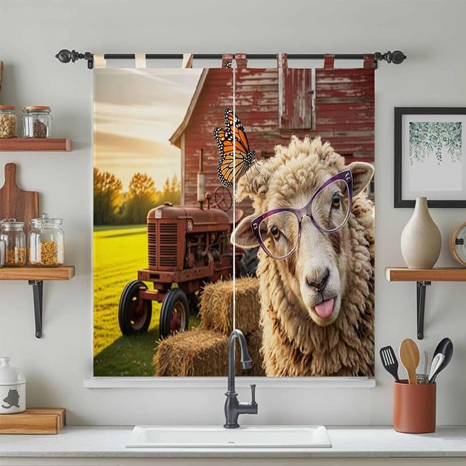 Farm Sheep Bedroom Curtains 72 Inch Length, Window Curtains Tab Top, Farmhouse Barn Funny Animals Butterfly Light Filtering Window Treatments Drapes 52"x72" 2 Panel