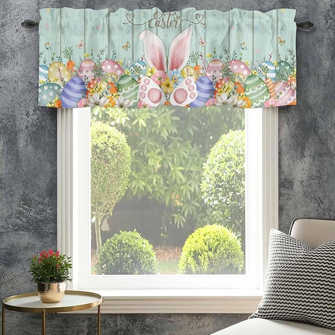 Easter Curtain Valances for Windows, Kitchen Valance Window Treatment, Spring Rabbit Ear Eggs Floral Green Wooden Grain Light Filtering Block Curtains for Bathroom/Bedroom/Living Room 54'' x 18''
