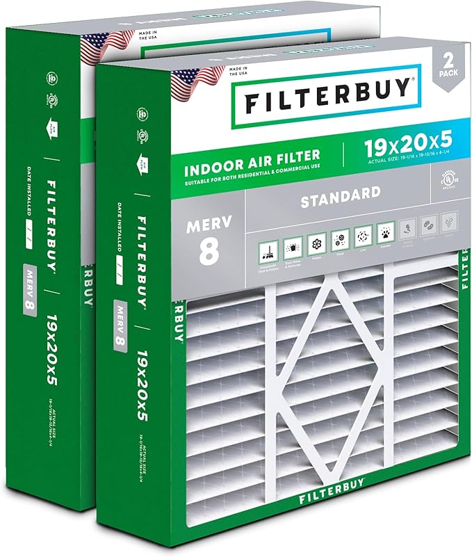 Filterbuy 19x20x5 Air Filter MERV 8 Essential Dust & Allergy Defense (2-Pack), Pleated HVAC AC Furnace Filters for Bryant, Carrier, BDP, Day & Night, and Payne (Actual Size: 19.06 x 19.81 x 4.25)